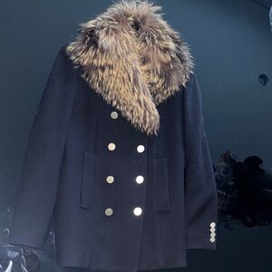 Theory Black Pea Coat with Faux Fur Collar